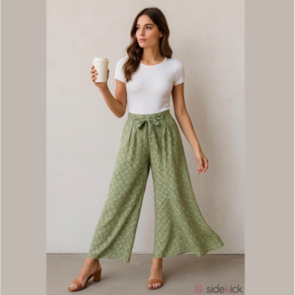 SHEIN Floral Wide Leg Split Pants Green White Size XS
